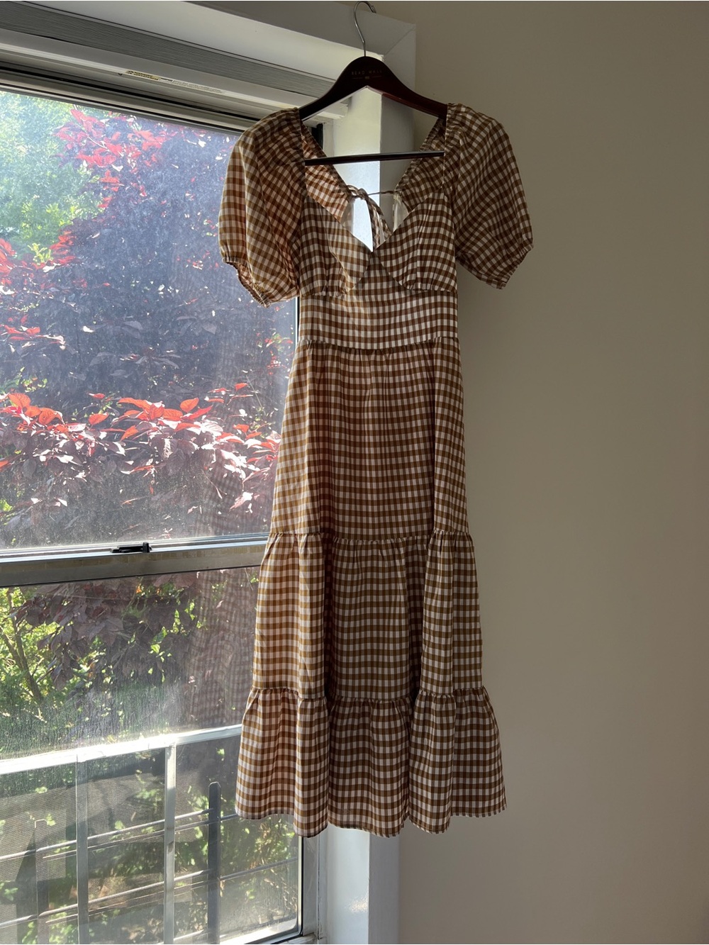Lelis - Brown Gingham Tiered Puff-Sleeve Dress - Women's